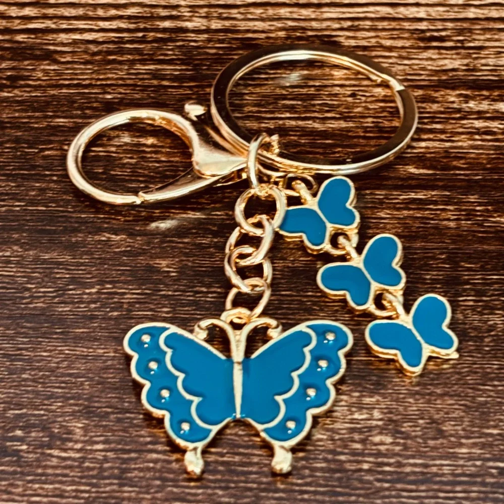 Blue Enamel Butterfly Keychain Gold Tone Lobster Clasp Bag Charm Accessory